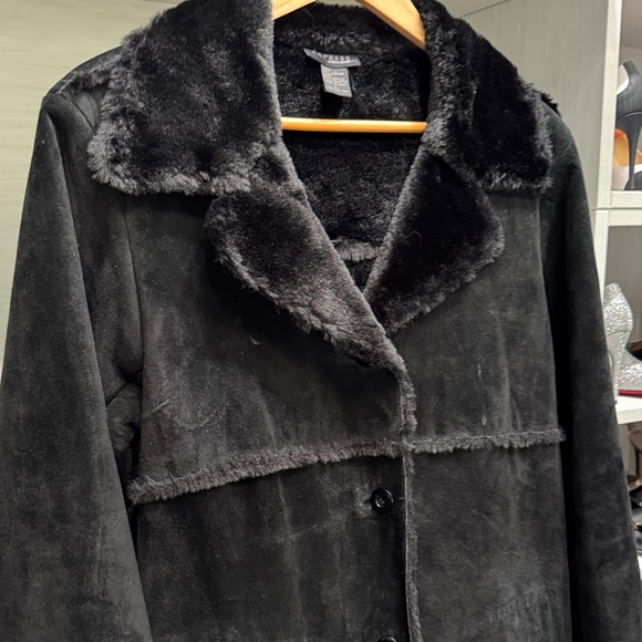 Express - Full-Length Black Suede/Leather with Black Faux Fur-Trimmed Coat - L - Picture 3 of 8